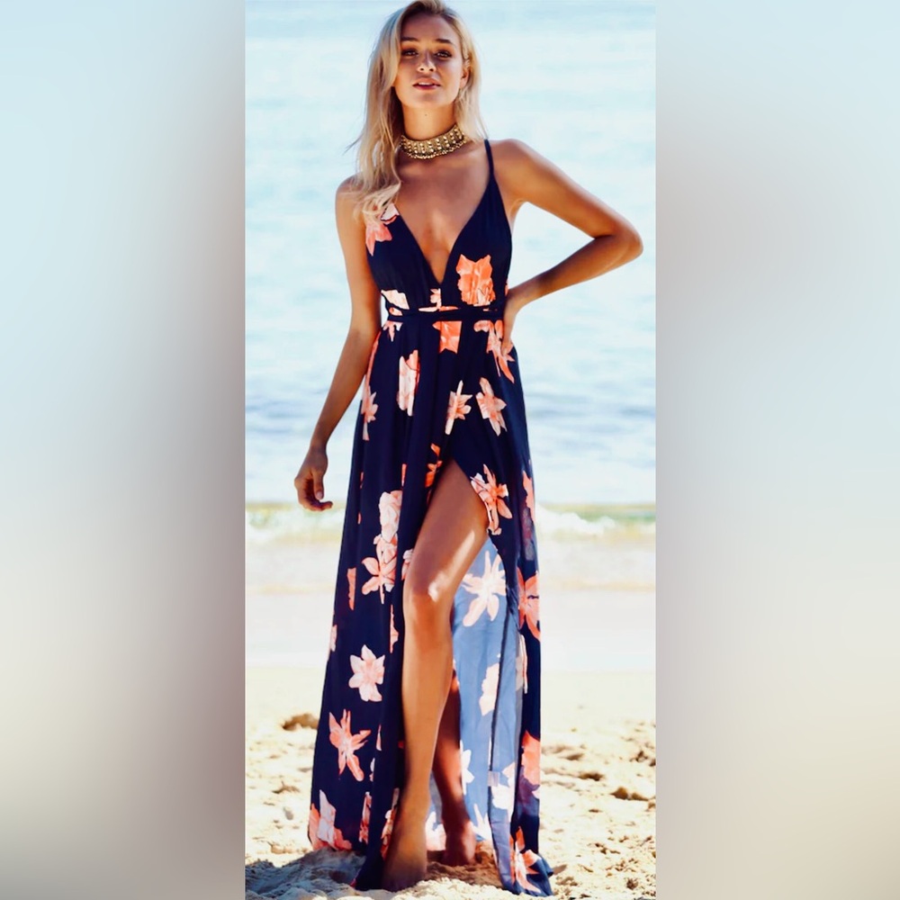 Hello Molly Future Day Thigh High Maxi Dress w Long Wrap Straps Navy/Coral ZB9